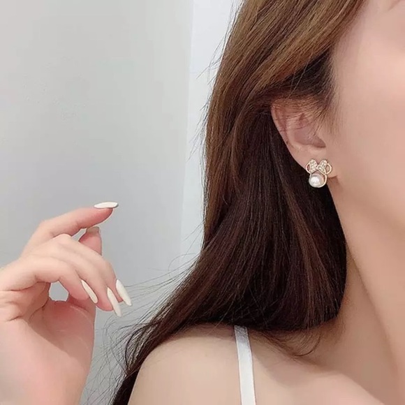 "Love You For Ears & Ears" Minnie Mouse Disney Gold Diamond Pearl Cute Earrings - Picture 4 of 8